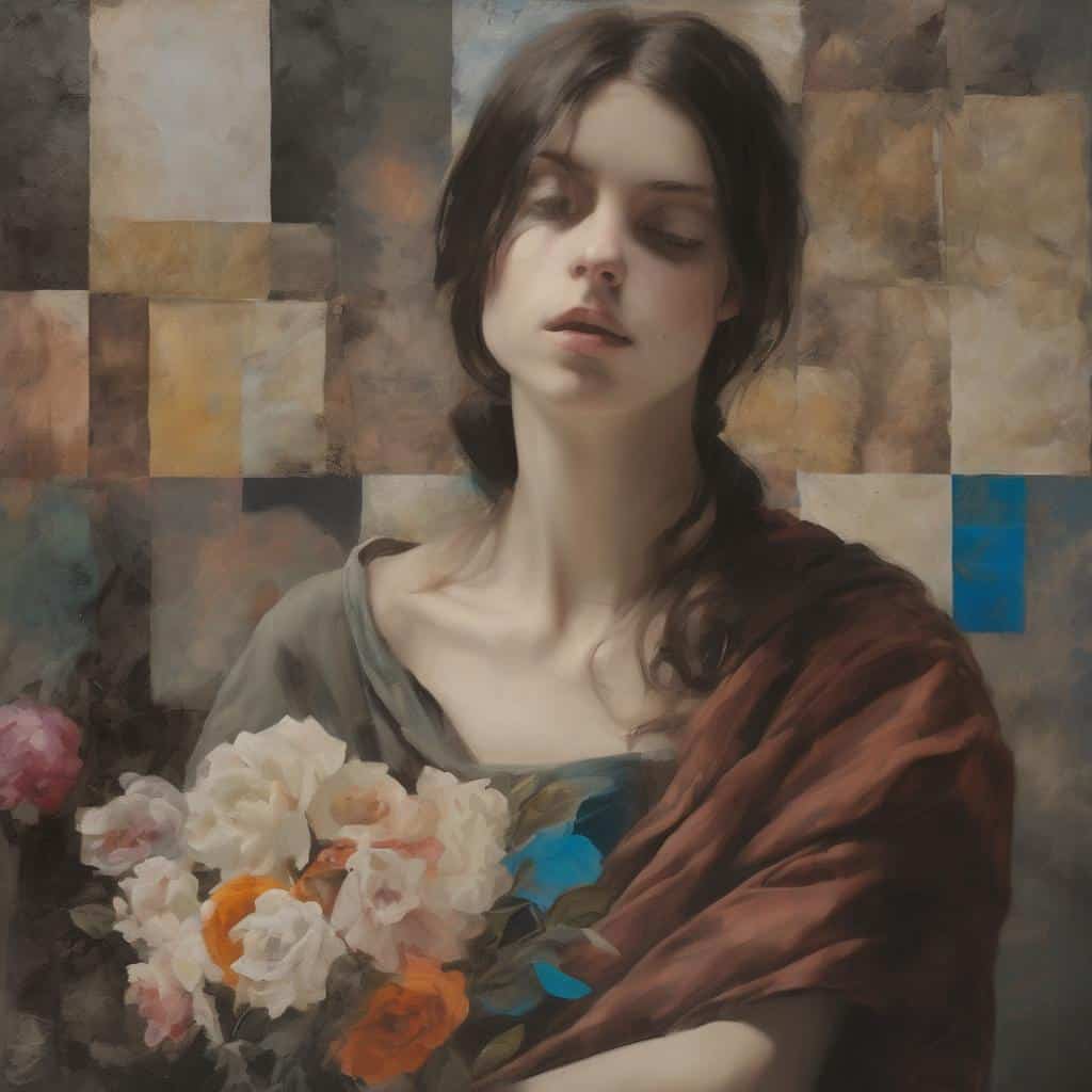 Ανάλυση έργων τέχνης και τεχνικών δημιουργίας, νεαρή γυναίκα με λουλούδια, ζωγραφική με ιδιαίτερη τεχνική και αισιόδοξο ύφος.