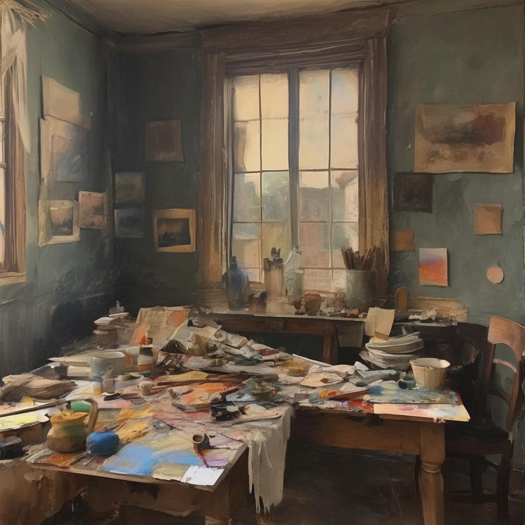 Ζωγραφική εργαστηρίου και τέχνη, έργα τέχνης και τεχνικές δημιουργίας σε ρεαλιστικό indoor χώρο.