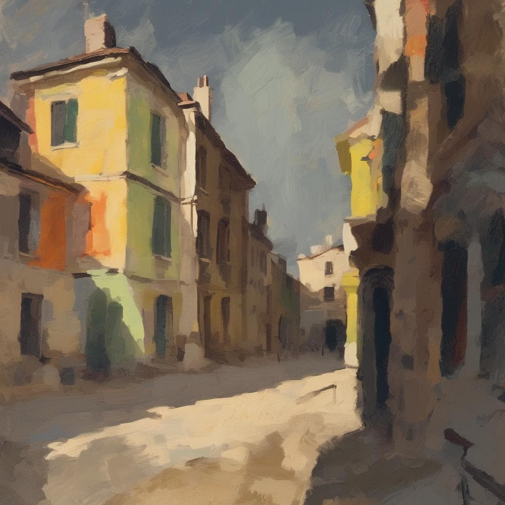 Ζωγραφική άποψη μιας παλιάς πόλης με πολύχρωμα κτίρια και δρόμο, σε ήσυχη ήρεμη ατμόσφαιρα, τέλεια για αναλύσεις έργων τέχνης και τεχνικών δημιουργίας.