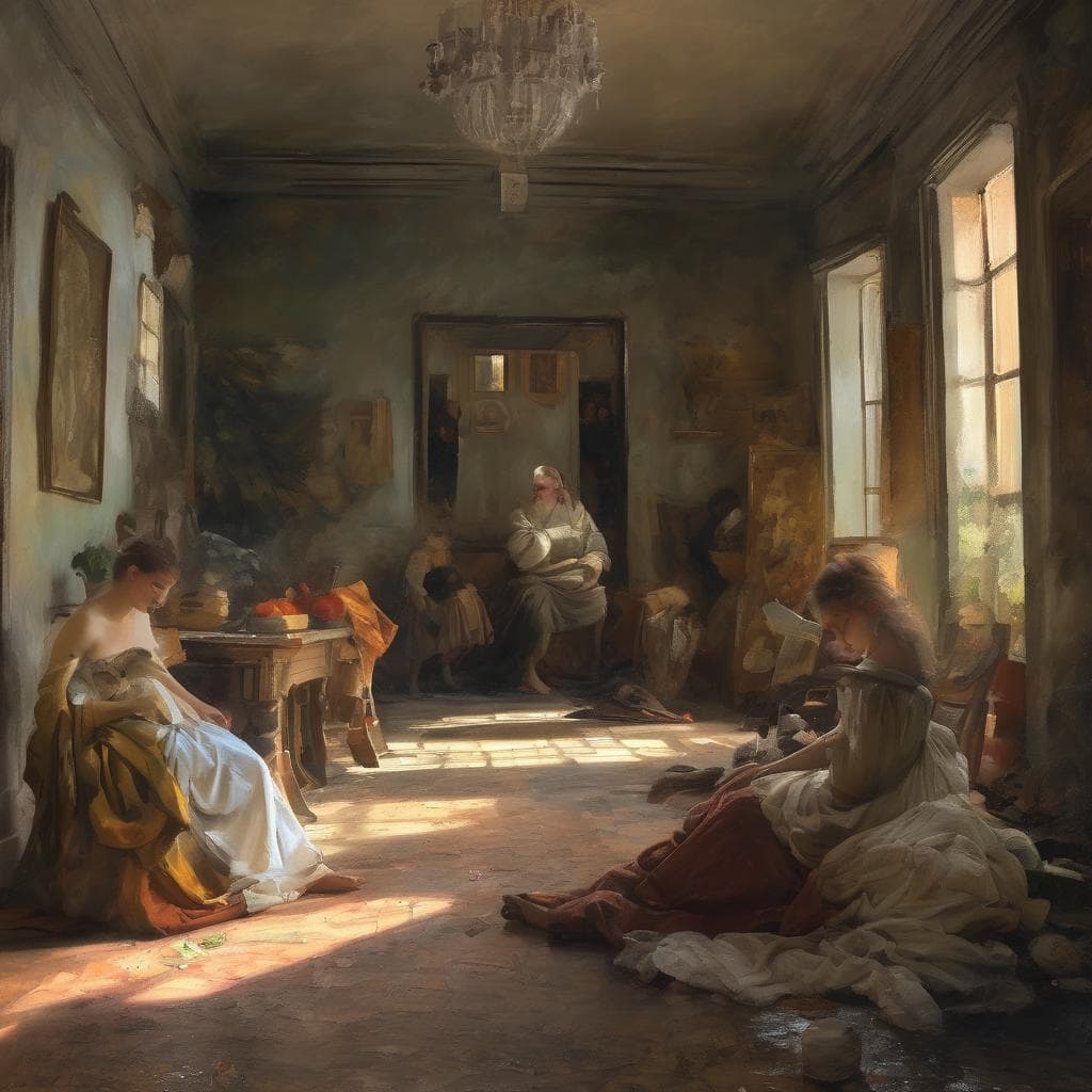 Χαρακτηριστικό εσωτερικό χώρο με άντρες και γυναίκες ζωγραφιές, φωτεινά παράθυρα και ρεαλιστικά στοιχεία τέχνης.